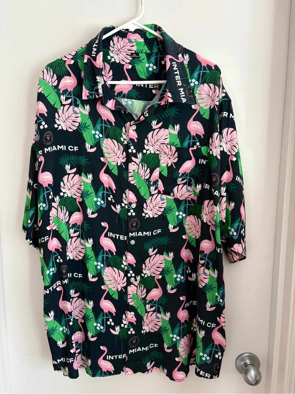 Inter Miami CF Men's Black Tropical Flamingo Button-Up Shirt with IMCF logo
